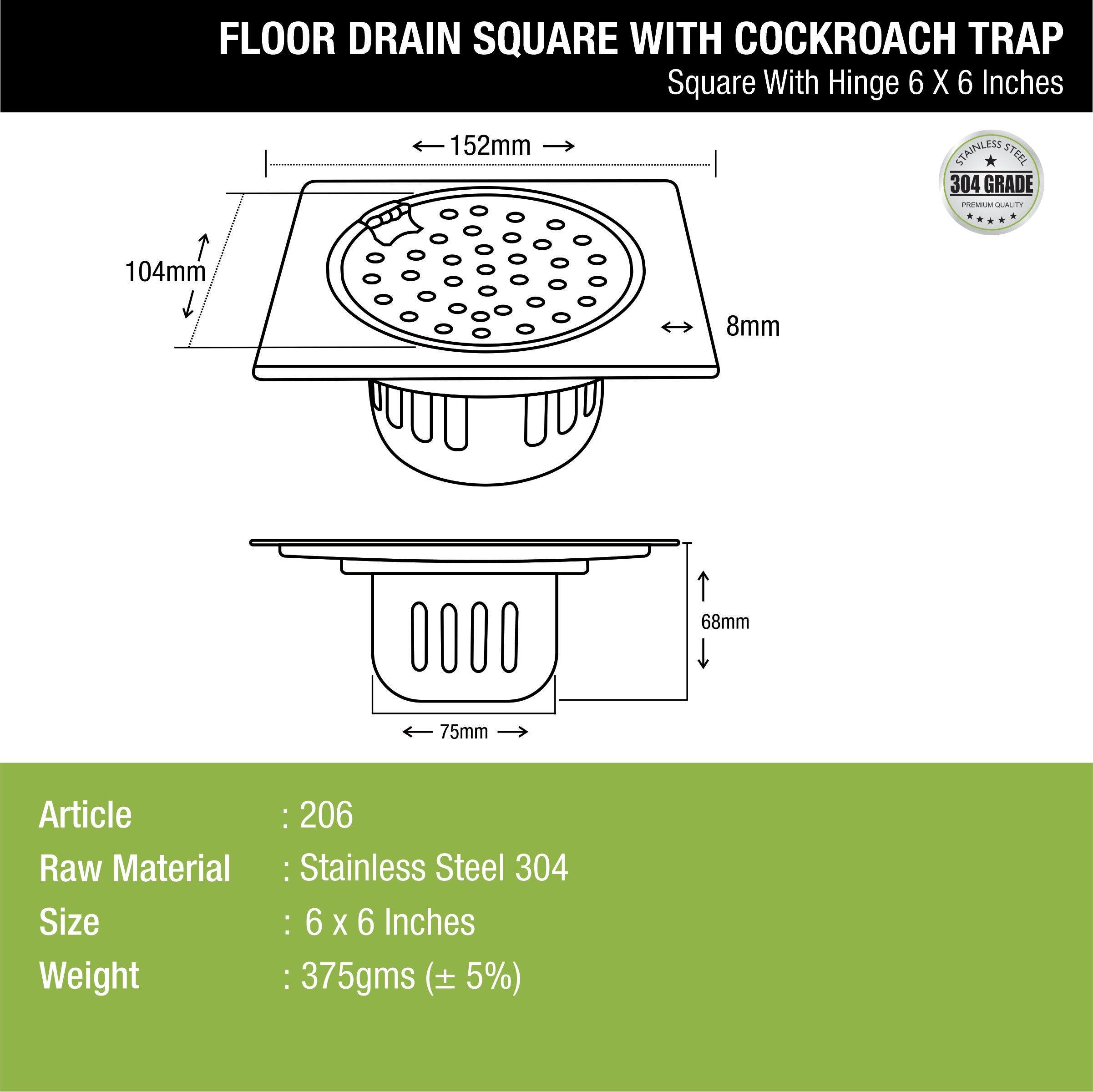 Square Floor Drain (6 x 6 Inches) with Hinge and Cockroach Trap - LIPKA - Lipka Home