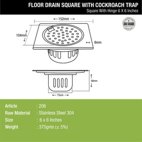 Square Floor Drain (6 x 6 Inches) with Hinge and Cockroach Trap - LIPKA - Lipka Home