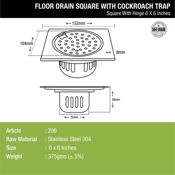 Square Floor Drain (6 x 6 Inches) with Hinge and Cockroach Trap - LIPKA - Lipka Home