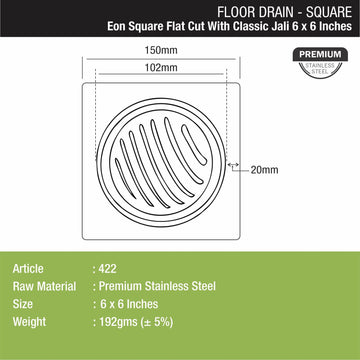 Eon Square Flat Cut Floor Drain with Classic Jali (6 x 6 Inches) - LIPKA - Lipka Home