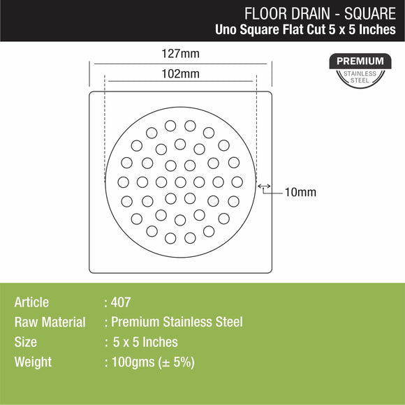 UNO Square Flat Cut Floor Drain (5 x 5 Inches) - LIPKA - Lipka Home