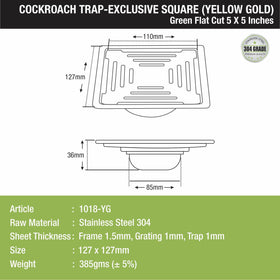 Green Exclusive Square Flat Cut Floor Drain in Yellow Gold PVD Coating (5 x 5 Inches) with Cockroach Trap - LIPKA - Lipka Home