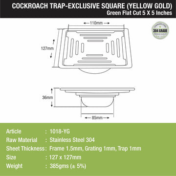 Green Exclusive Square Flat Cut Floor Drain in Yellow Gold PVD Coating (5 x 5 Inches) with Cockroach Trap - LIPKA - Lipka Home