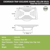 Green Exclusive Square Flat Cut Floor Drain in Yellow Gold PVD Coating (5 x 5 Inches) with Cockroach Trap - LIPKA