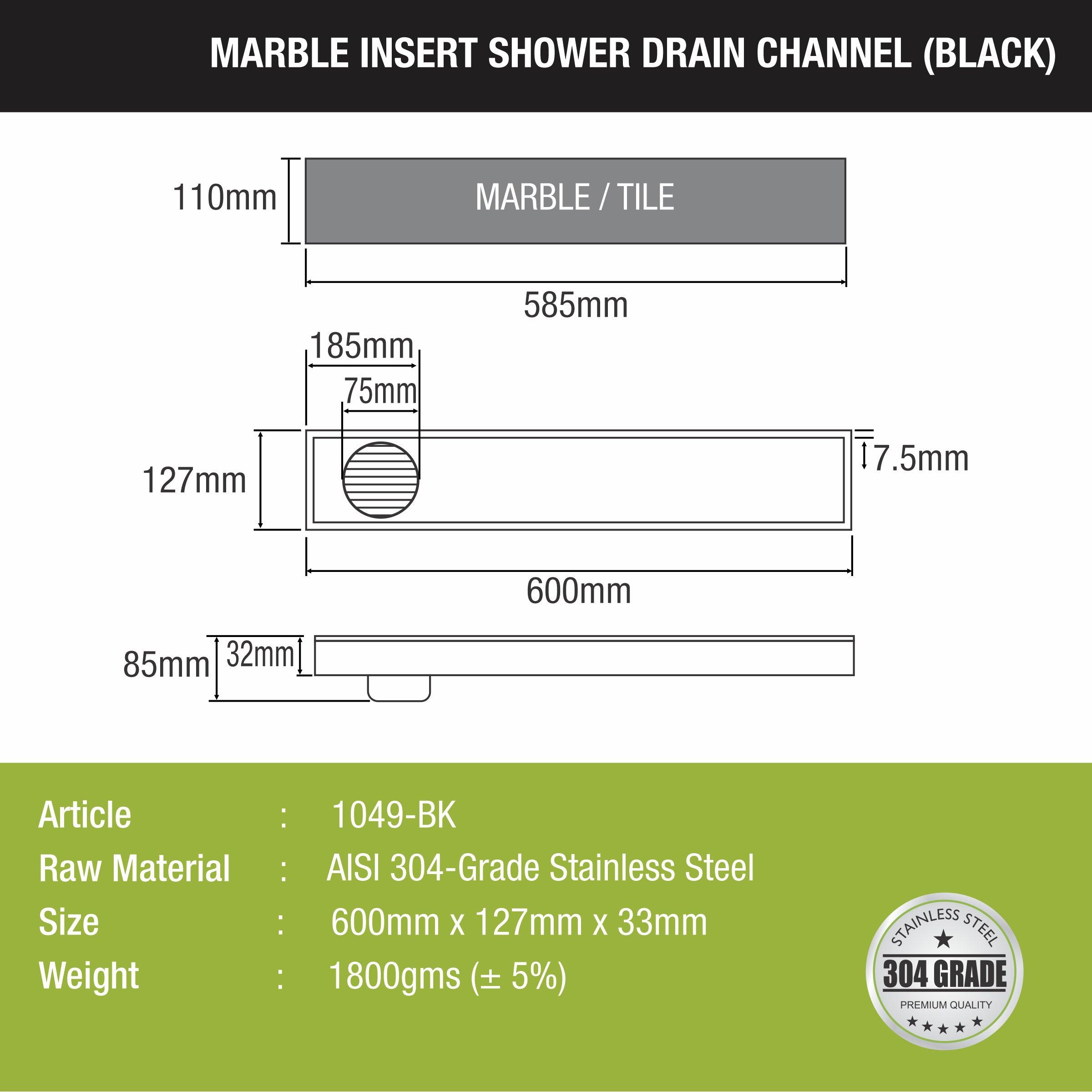 Marble Insert Shower Drain Channel - Black (24 x 3 Inches)