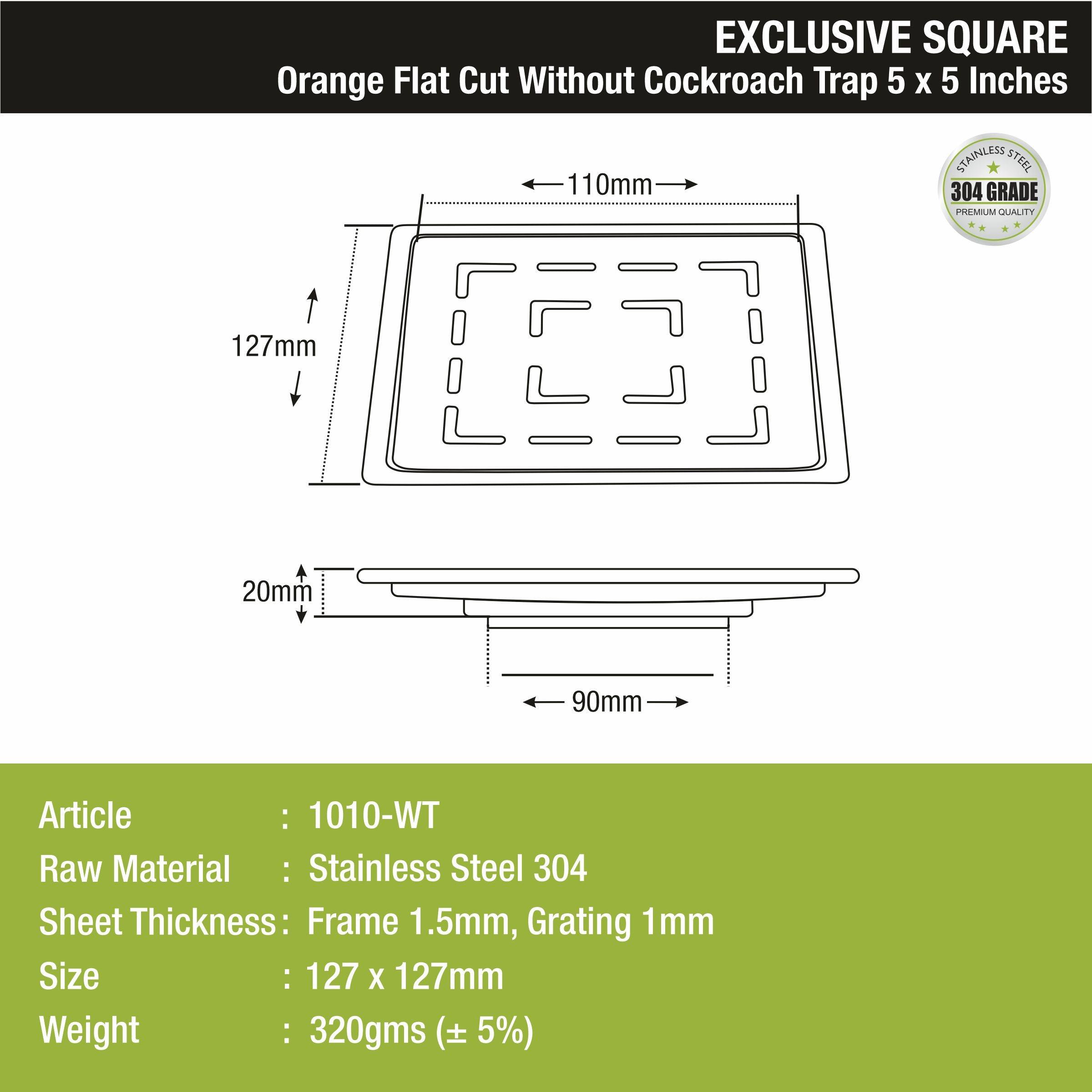 Orange Exclusive Square Flat Cut Floor Drain (5 x 5 Inches) - LIPKA - Lipka Home