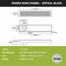 Vertical Shower Drain Channel - Black (12 x 5 Inches) - LIPKA - Lipka Home