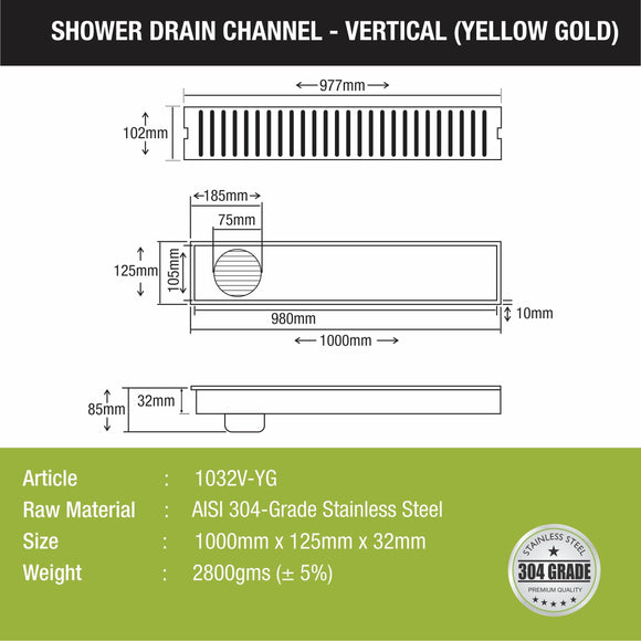 Vertical Shower Drain Channel - Yellow Gold (40 x 5 Inches) - LIPKA - Lipka Home