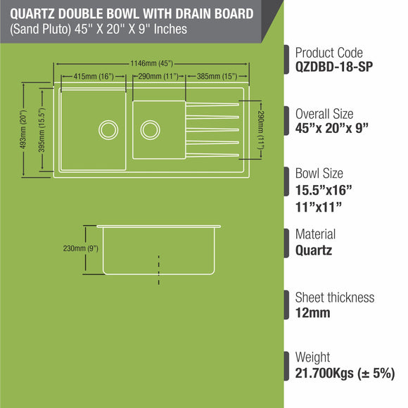 Sand Pluto Quartz Double Bowl with Drainboard Kitchen Sink (45 x 20 x 9 Inches) - LIPKA - Lipka Home
