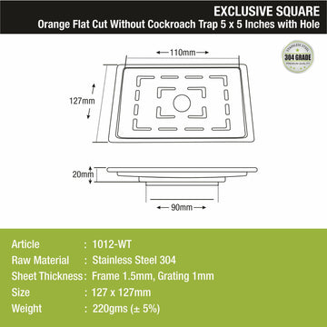 Orange Flat Cut Exclusive Square Floor Drain (5 x 5 Inches) with Hole - LIPKA - Lipka Home
