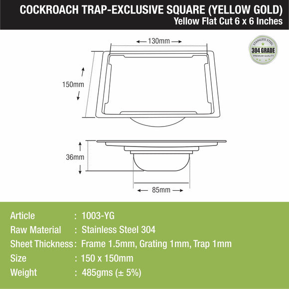 Yellow Exclusive Square Flat Cut Floor Drain in Yellow Gold PVD Coating (6 x 6 Inches) with Cockroach Trap - LIPKA - Lipka Home