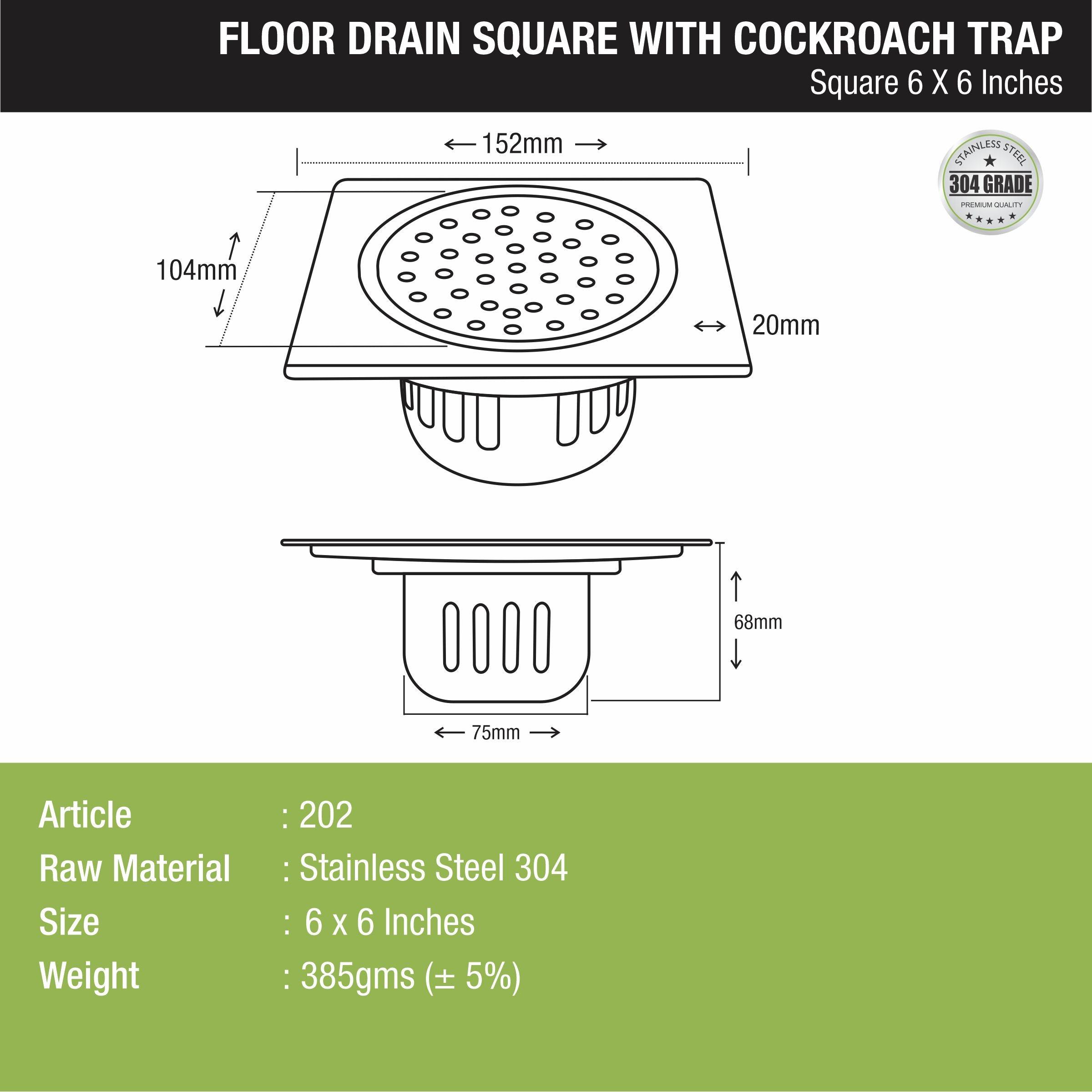 Square Floor Drain (6 x 6 Inches) with Cockroach Trap - LIPKA - Lipka Home