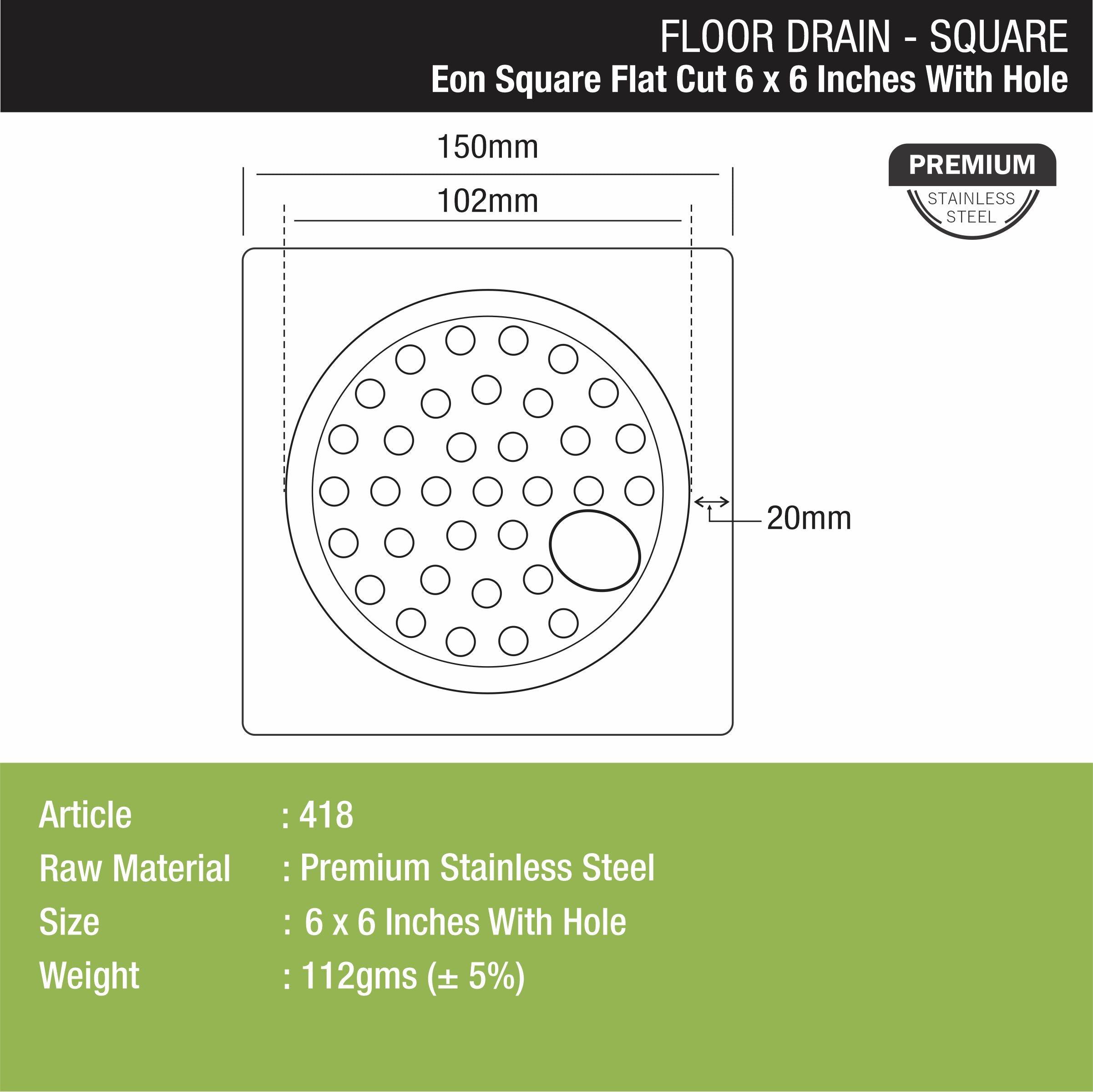 EON Square Flat Cut Floor Drain (6 x 6 Inches) with Hole - LIPKA - Lipka Home