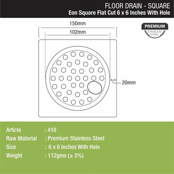 EON Square Flat Cut Floor Drain (6 x 6 Inches) with Hole - LIPKA - Lipka Home