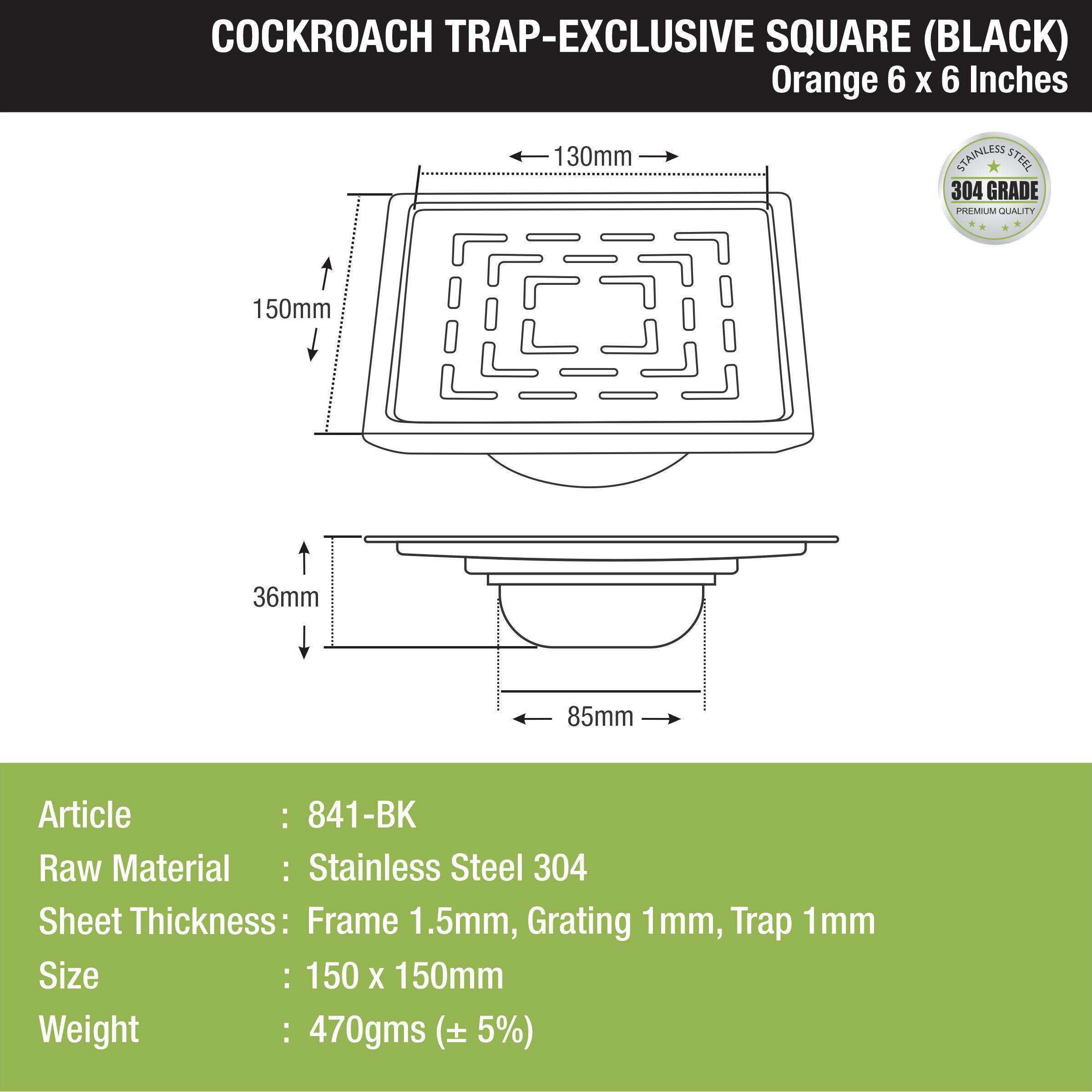 Orange Exclusive Square Floor Drain in Black PVD Coating (6 x 6 Inches) with Cockroach Trap size and measurement