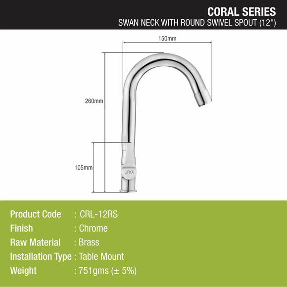 Coral Swan Neck Brass Faucet with Round Swivel Spout (12 Inches) - LIPKA - Lipka Home
