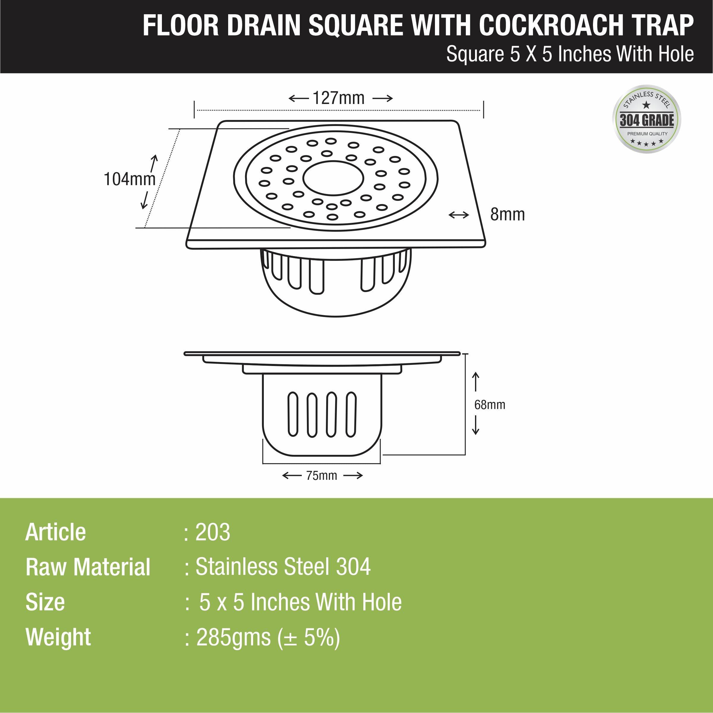 Square Floor Drain (5 x 5 Inches) with Hole and Cockroach Trap - LIPKA - Lipka Home