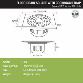 Square Floor Drain (5 x 5 Inches) with Hole and Cockroach Trap - LIPKA - Lipka Home
