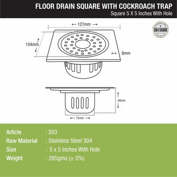 Square Floor Drain (5 x 5 Inches) with Hole and Cockroach Trap - LIPKA - Lipka Home