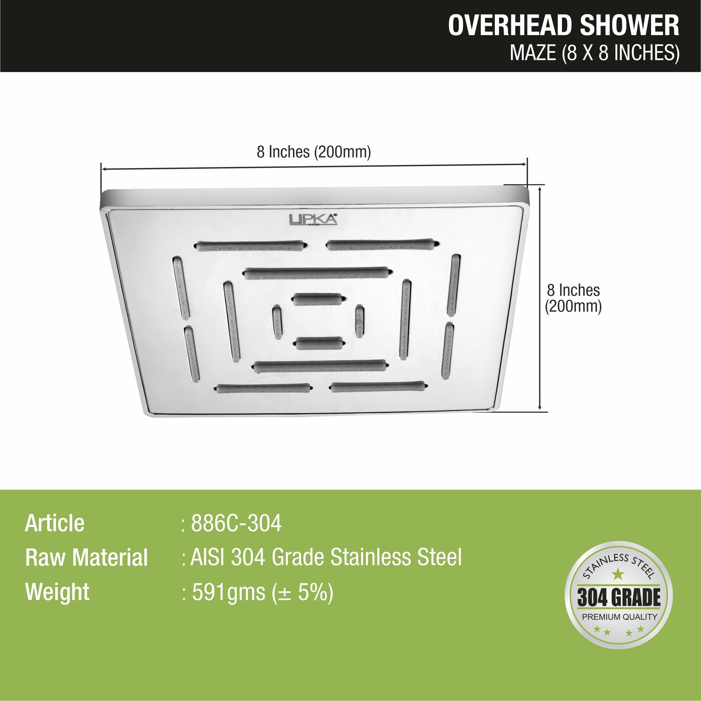 Maze 304-Grade Overhead Rain Shower (8 x 8 Inches) sizes and dimensions