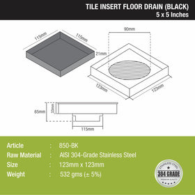 Tile Insert Square Floor Drain - Black (5 x 5 Inches) - LIPKA - Lipka Home