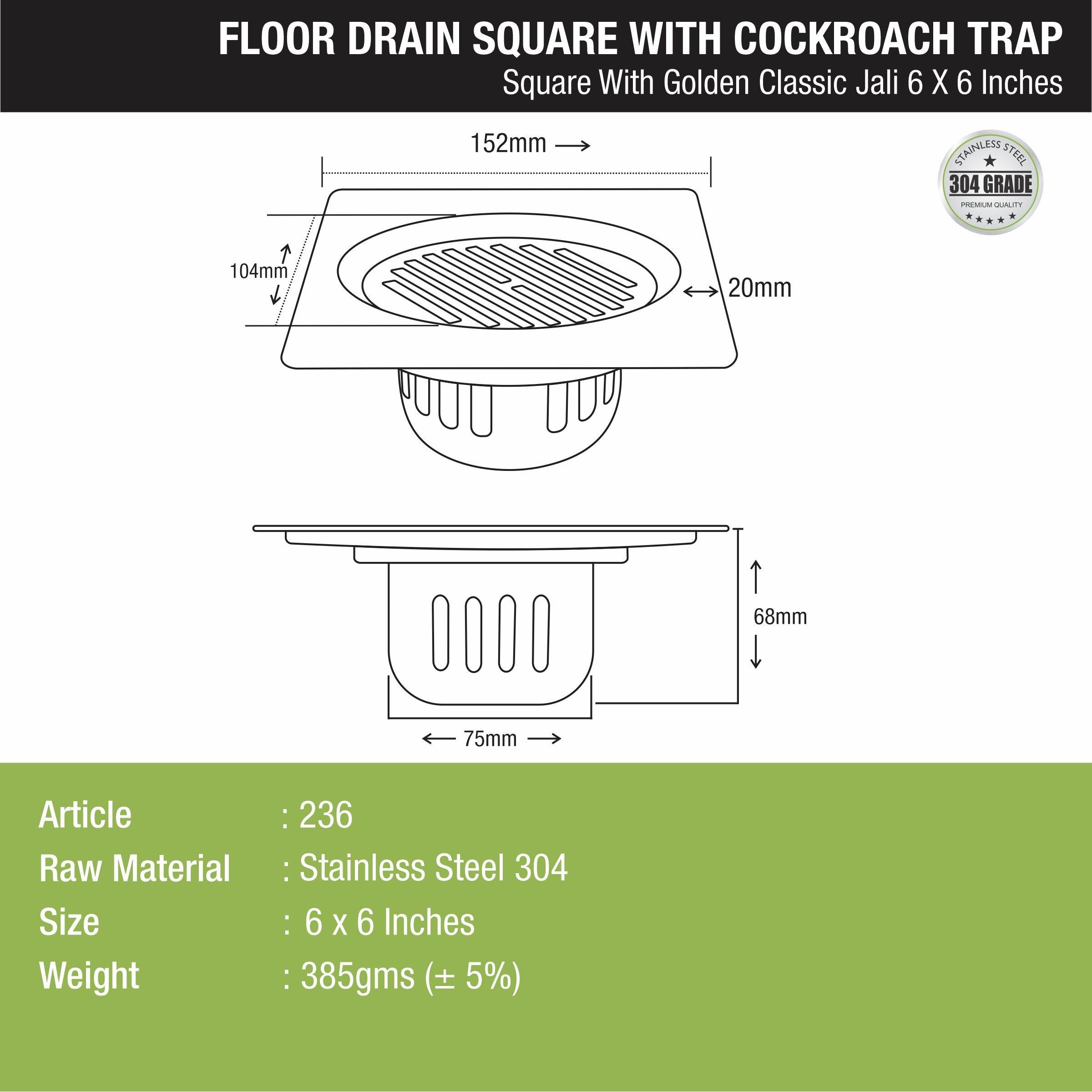 Golden Classic Jali Square Floor Drain (6 x 6 Inches) with Cockroach Trap - LIPKA - Lipka Home