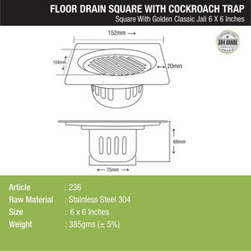 Golden Classic Jali Square Floor Drain (6 x 6 Inches) with Coockroach Trap - LIPKA - Lipka Home