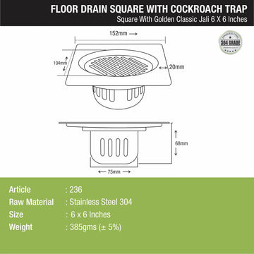 Golden Classic Jali Square Floor Drain (6 x 6 Inches) with Coockroach Trap - LIPKA - Lipka Home