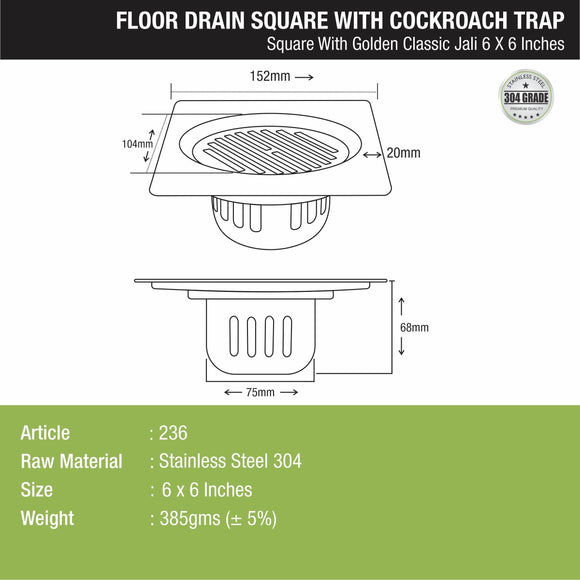 Golden Classic Jali Square Floor Drain (6 x 6 Inches) with Coockroach Trap - LIPKA - Lipka Home