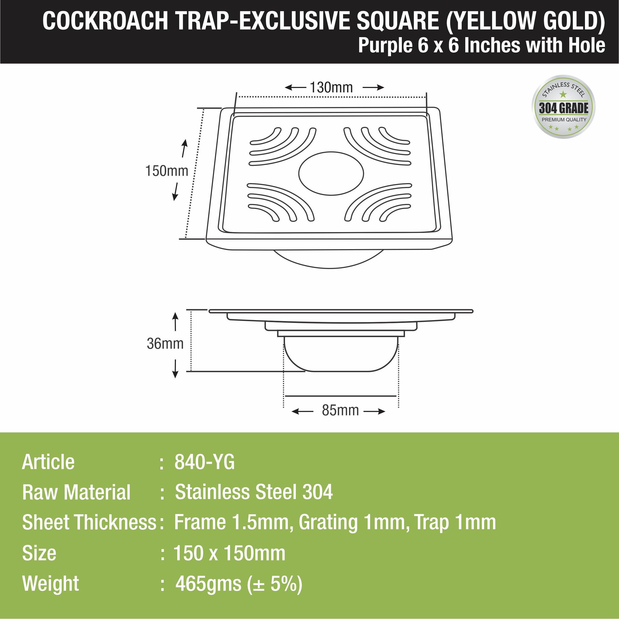 Purple Exclusive Square Floor Drain in Yellow Gold PVD Coating (6 x 6 Inches) with Hole & Cockroach Trap - LIPKA - Lipka Home