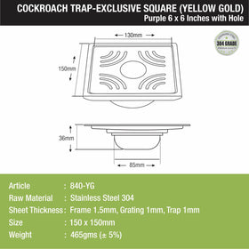 Purple Exclusive Square Floor Drain in Yellow Gold PVD Coating (6 x 6 Inches) with Hole & Cockroach Trap - LIPKA - Lipka Home