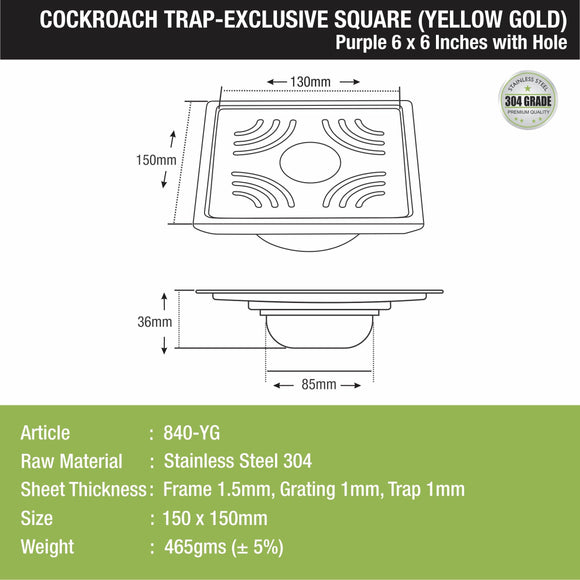 Purple Exclusive Square Floor Drain in Yellow Gold PVD Coating (6 x 6 Inches) with Hole & Cockroach Trap - LIPKA - Lipka Home