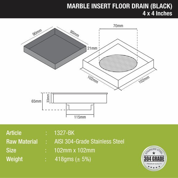 Marble Insert Square Floor Drain - Black (4 x 4 Inches) - LIPKA - Lipka Home