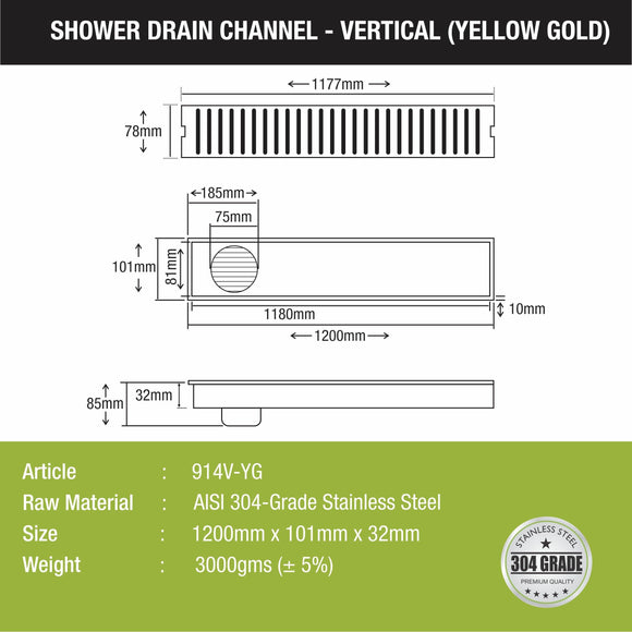 Vertical Shower Drain Channel - Yellow Gold (48 x 4 Inches) - LIPKA - Lipka Home