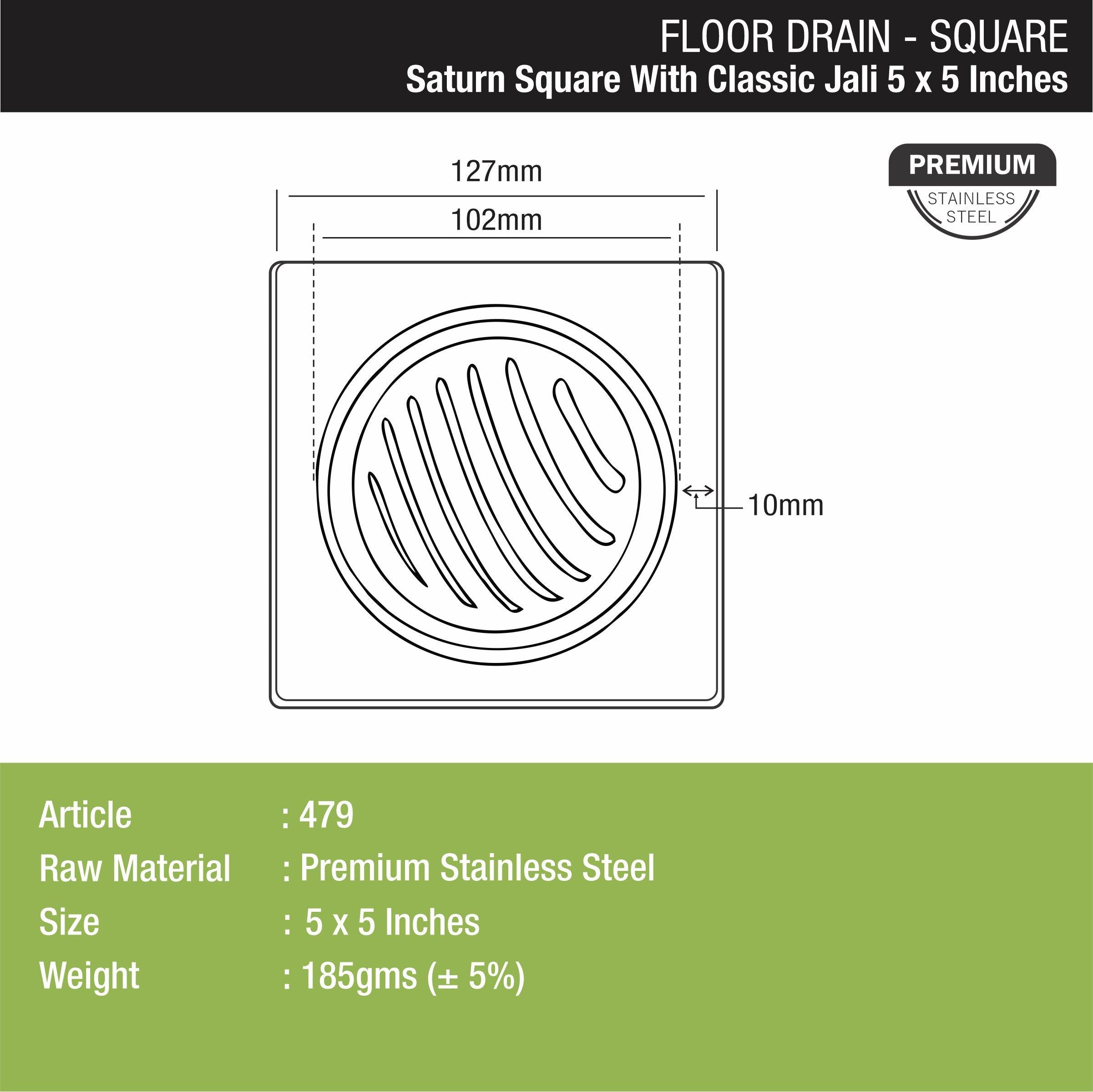 Saturn Square Floor Drain with Classic Jali (5 x 5 Inches) - LIPKA - Lipka Home