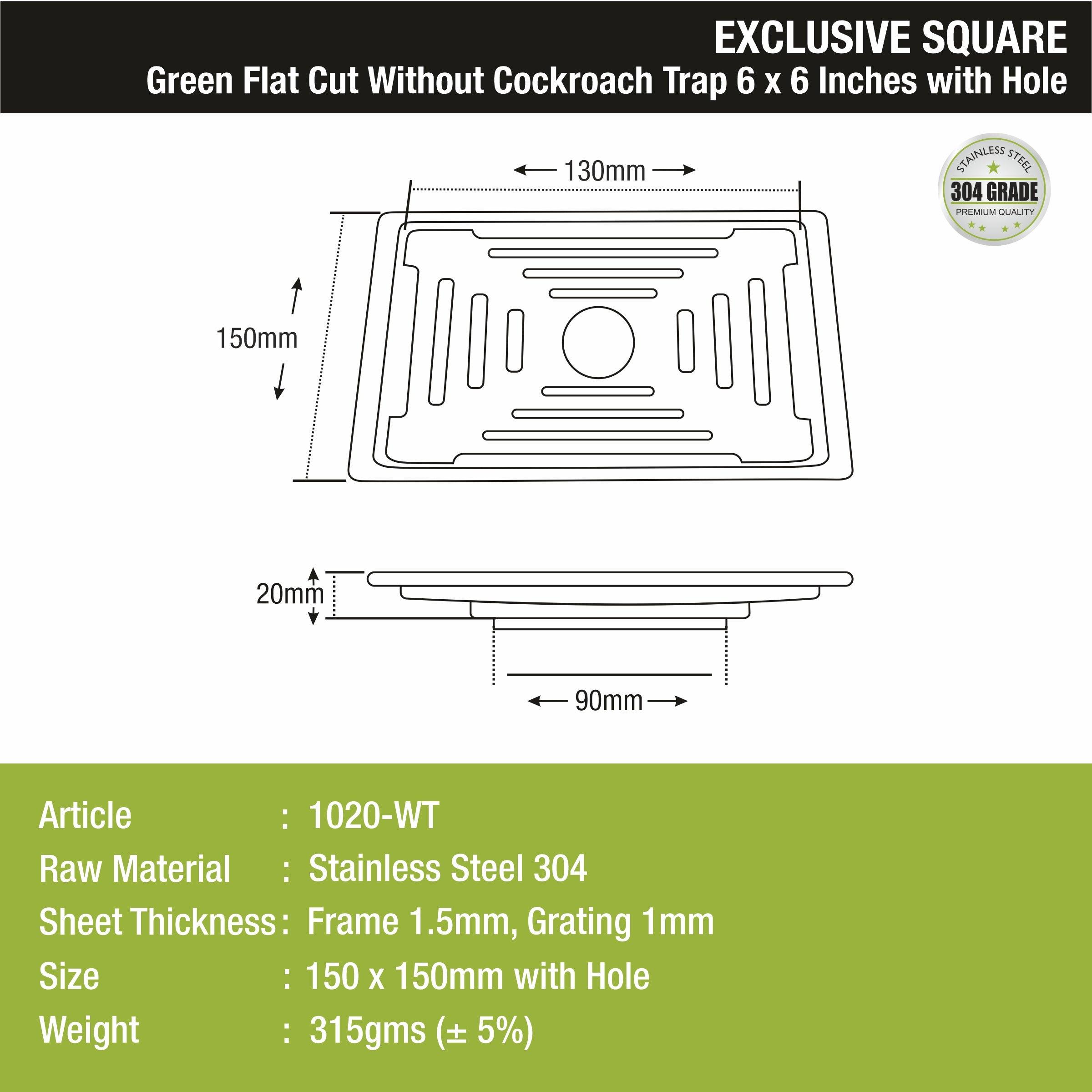 Green Exclusive Square Flat Cut Floor Drain (6 x 6 Inches) with Hole sizes and dimensions