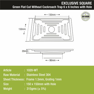 Green Exclusive Square Flat Cut Floor Drain (6 x 6 Inches) with Hole - LIPKA - Lipka Home