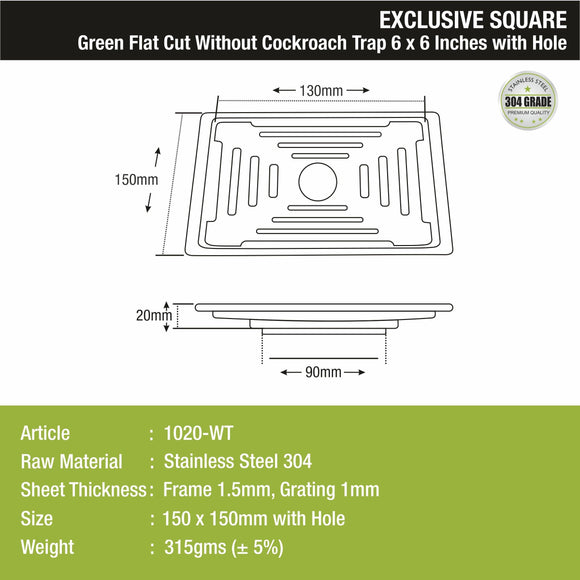 Green Exclusive Square Flat Cut Floor Drain (6 x 6 Inches) with Hole - LIPKA - Lipka Home