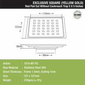 Red Exclusive Square Flat Cut Floor Drain in Yellow Gold PVD Coating (5 x 5 Inches) - LIPKA - Lipka Home