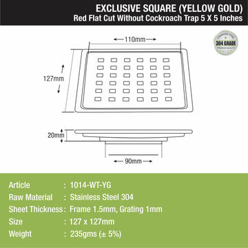 Red Exclusive Square Flat Cut Floor Drain in Yellow Gold PVD Coating (5 x 5 Inches) - LIPKA - Lipka Home