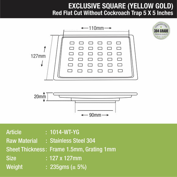 Red Exclusive Square Flat Cut Floor Drain in Yellow Gold PVD Coating (5 x 5 Inches) - LIPKA - Lipka Home