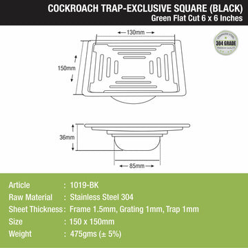 Green Exclusive Square Flat Cut Floor Drain in Black PVD Coating (6 x 6 Inches) with Cockroach Trap - LIPKA - Lipka Home