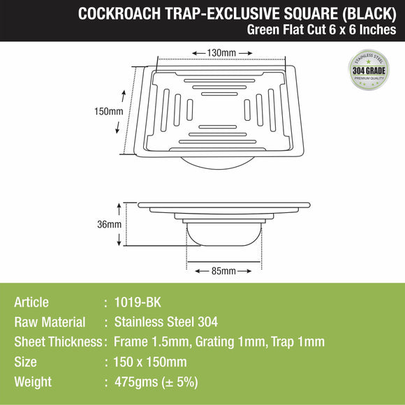 Green Exclusive Square Flat Cut Floor Drain in Black PVD Coating (6 x 6 Inches) with Cockroach Trap - LIPKA - Lipka Home