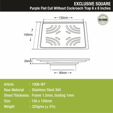 Purple Exclusive Square Flat Cut Floor Drain(6 x 6 Inches) - LIPKA - Lipka Home