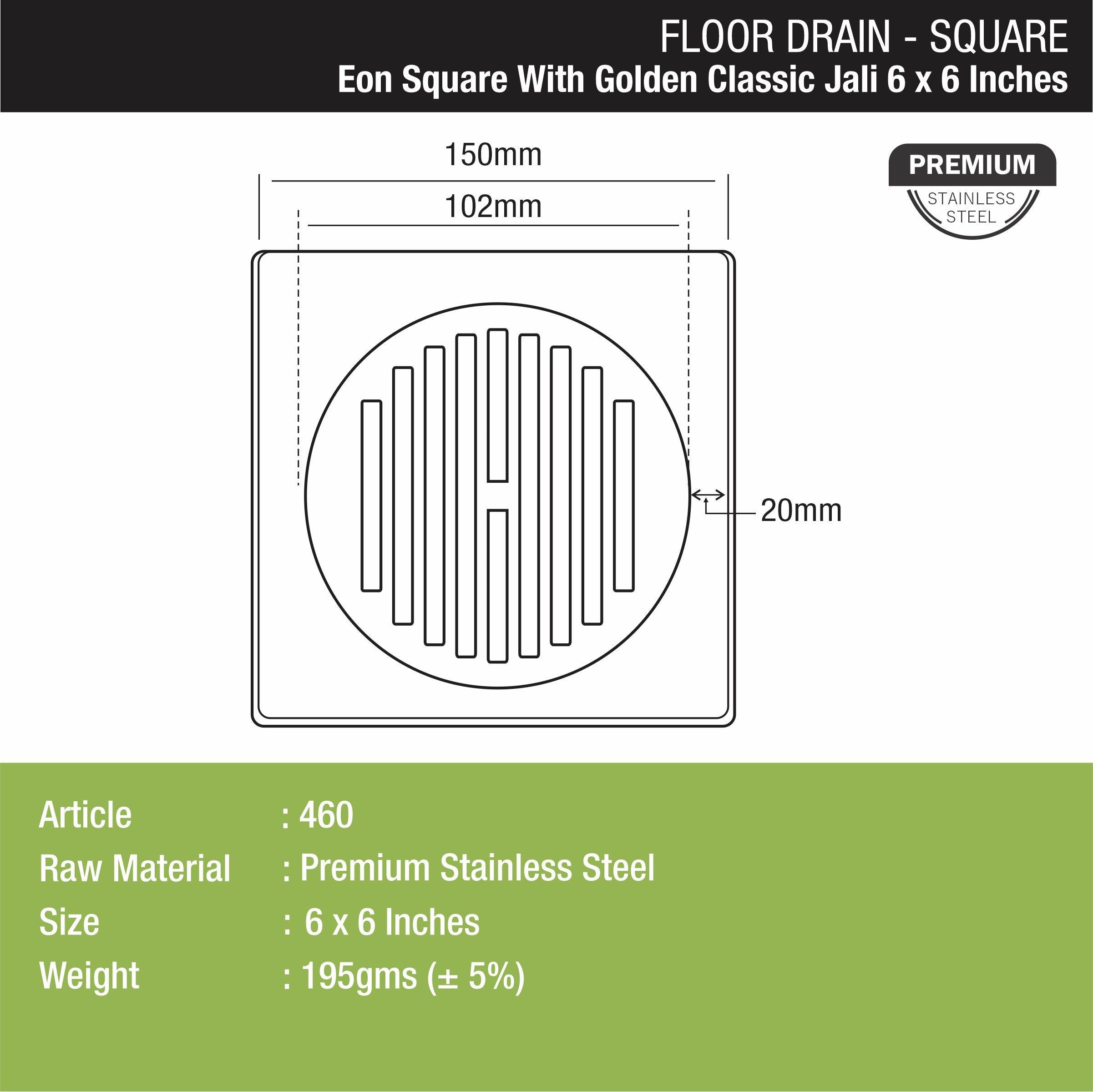 Eon Square Floor Drain with Golden Classic Jali (6 x 6 Inches) - LIPKA - Lipka Home