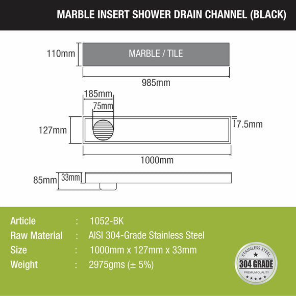 Marble Insert Shower Drain Channel - Black (40 x 5 Inches) - LIPKA - Lipka Home