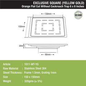 Orange Exclusive Square Flat Cut Floor Drain in Yellow Gold PVD Coating (6 x 6 Inches) - LIPKA - Lipka Home