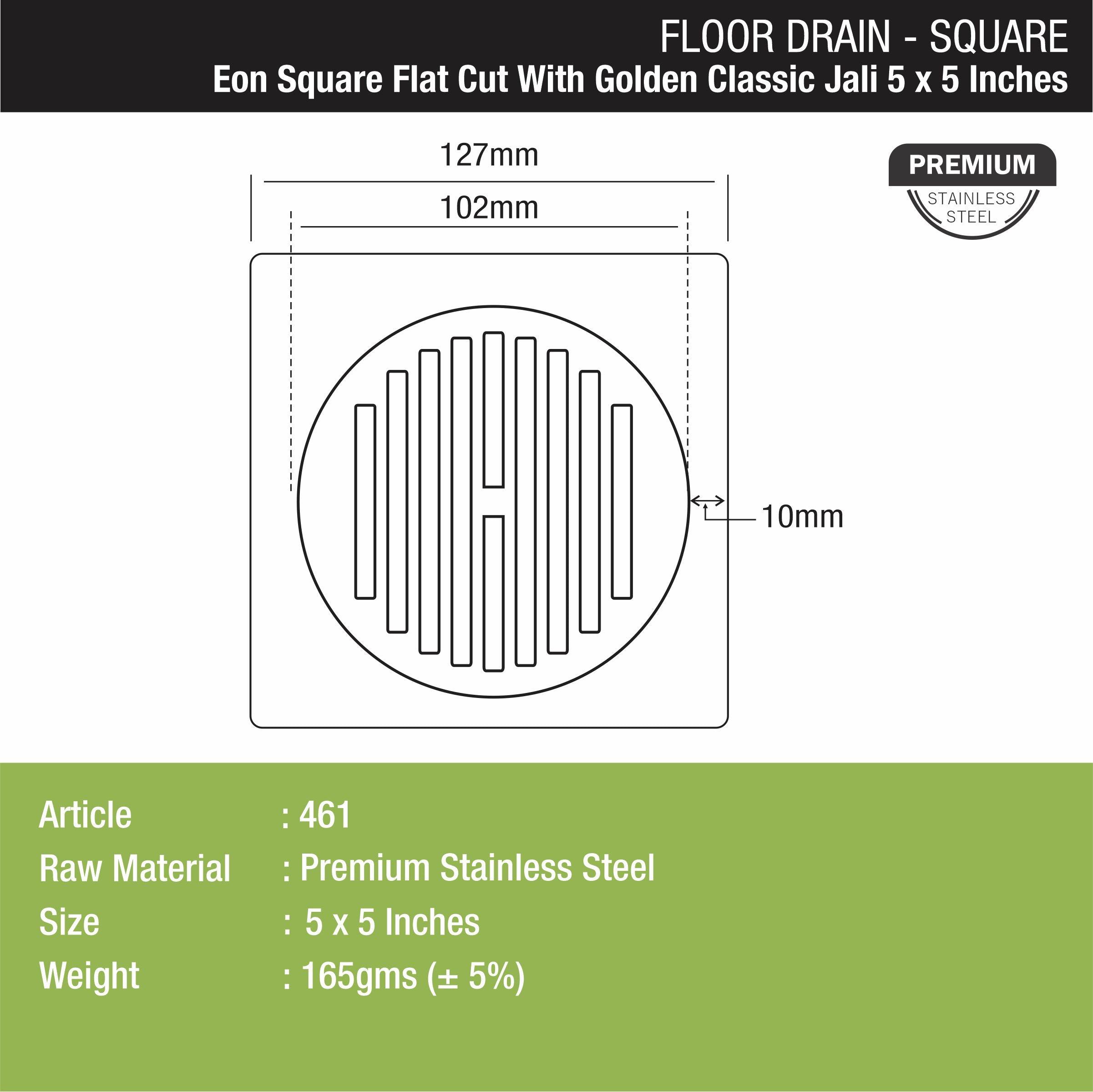 Eon Square Flat Cut Floor Drain with Golden Classic Jali (5 x 5 Inches) - LIPKA - Lipka Home