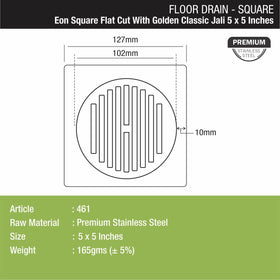 Eon Square Flat Cut Floor Drain with Golden Classic Jali (5 x 5 Inches) - LIPKA - Lipka Home