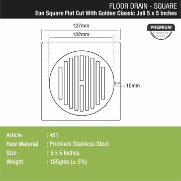 Eon Square Flat Cut Floor Drain with Golden Classic Jali (5 x 5 Inches) - LIPKA - Lipka Home